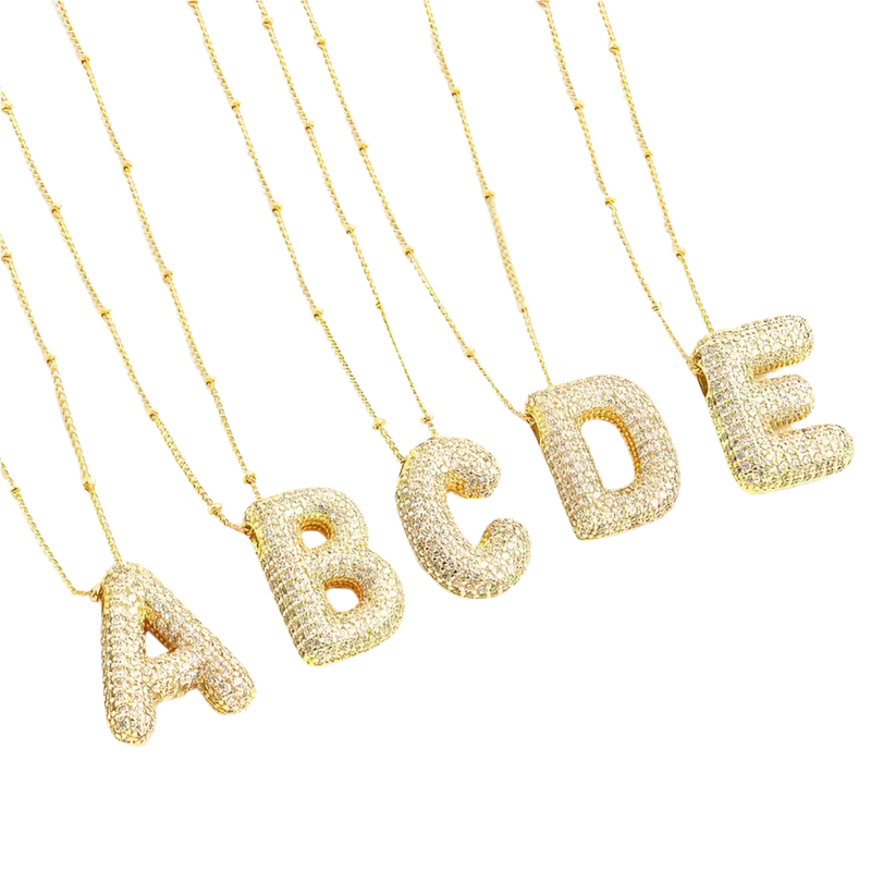 White Gold Bubble Letter Initial Necklace Set