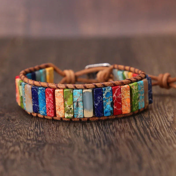 Leather Wrap Bracelet with Rainbow Jasper Beads