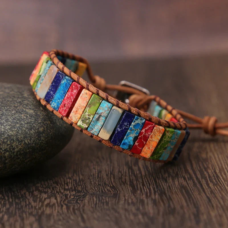 Leather Wrap Bracelet with Rainbow Jasper Beads