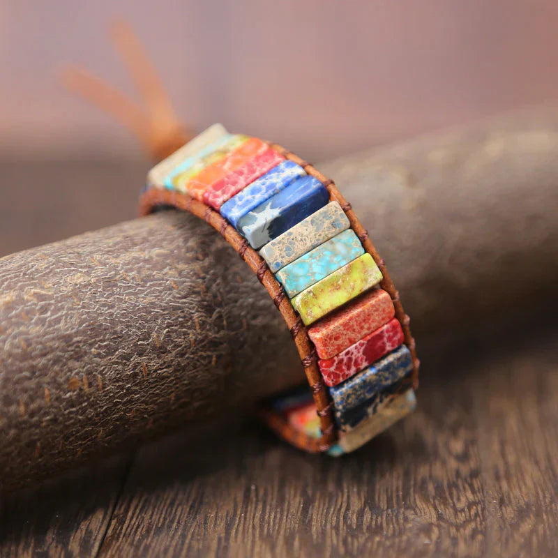 Leather Wrap Bracelet with Rainbow Jasper Beads