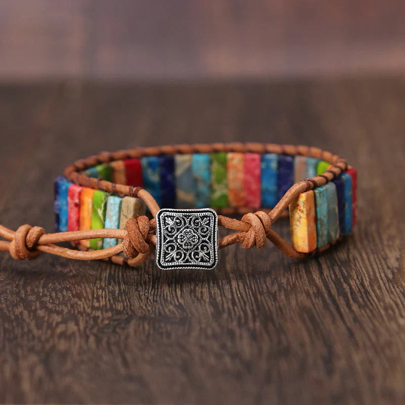 Leather Wrap Bracelet with Rainbow Jasper Beads