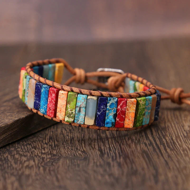 Leather Wrap Bracelet with Rainbow Jasper Beads