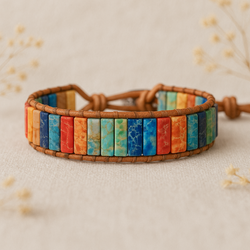 Leather Wrap Bracelet with Rainbow Jasper Beads