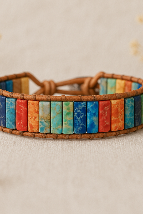 Leather Wrap Bracelet with Rainbow Jasper Beads