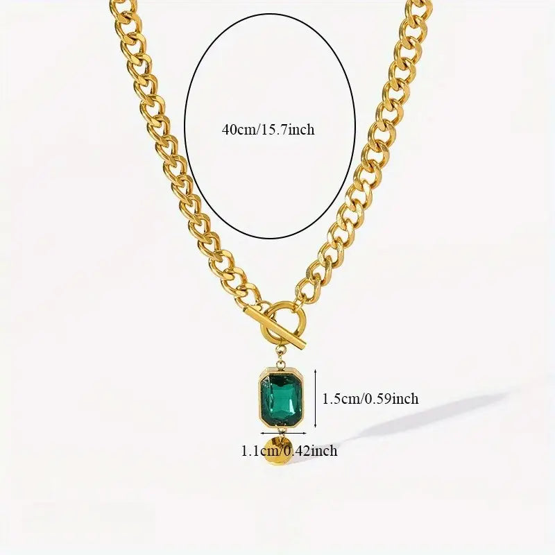 Alicia - Gold Chunky Chain Necklace with Emerald Pendant