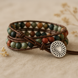 Leather Wrap Bracelet with Semi-Precious Gemstones - 'LOVE' Design
