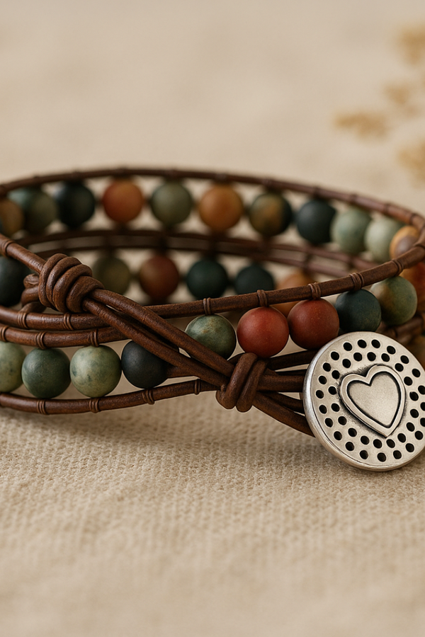 Leather Wrap Bracelet with Semi-Precious Gemstones - 'LOVE' Design