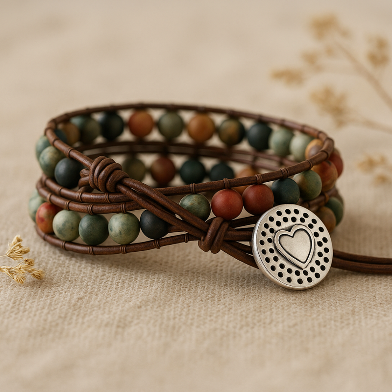 Leather Wrap Bracelet with Semi-Precious Gemstones - 'LOVE' Design