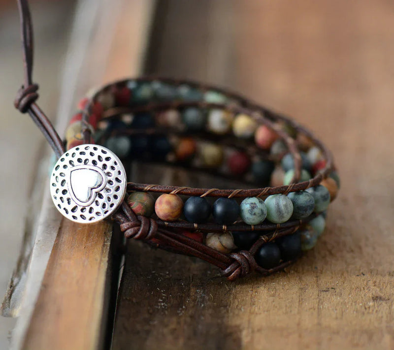 Leather Wrap Bracelet with Semi-Precious Gemstones - 'LOVE' Design