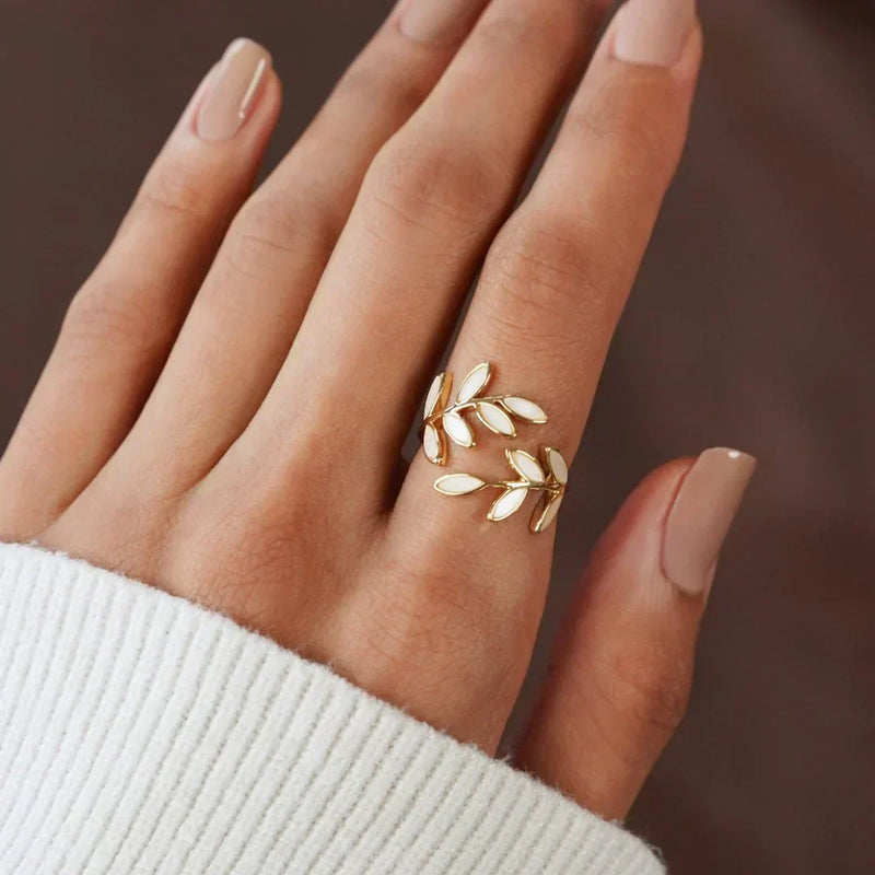 Clara - Adjustable White Opal Leaf Ring