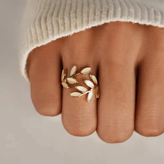 Clara - Adjustable White Opal Leaf Ring