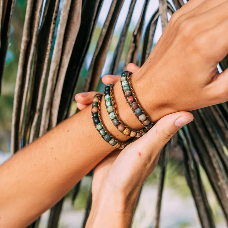 Leather Wrap Bracelet with Semi-Precious Gemstones - 'LOVE' Design