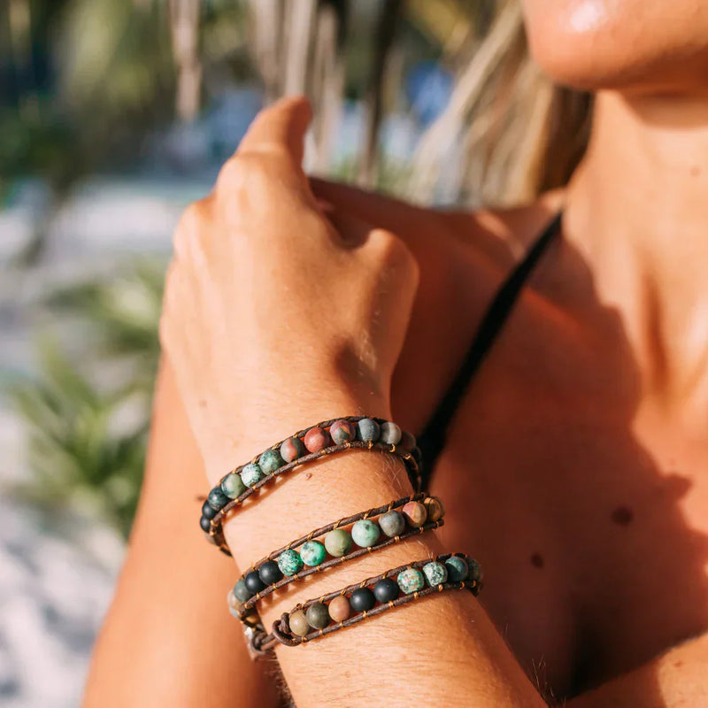 Leather Wrap Bracelet with Semi-Precious Gemstones - 'LOVE' Design