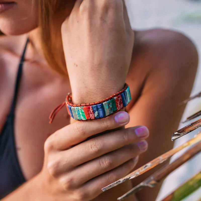 Leather Wrap Bracelet with Rainbow Jasper Beads