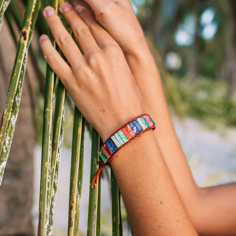 Leather Wrap Bracelet with Rainbow Jasper Beads