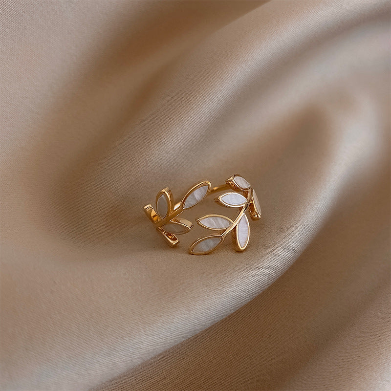 Clara - Adjustable White Opal Leaf Ring