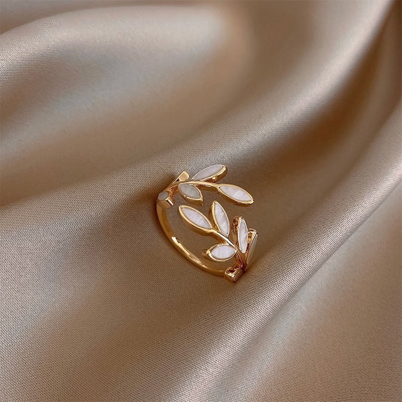 Clara - Adjustable White Opal Leaf Ring