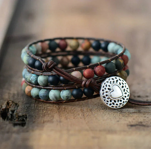 Leather Wrap Bracelet with Semi-Precious Gemstones - 'LOVE' Design
