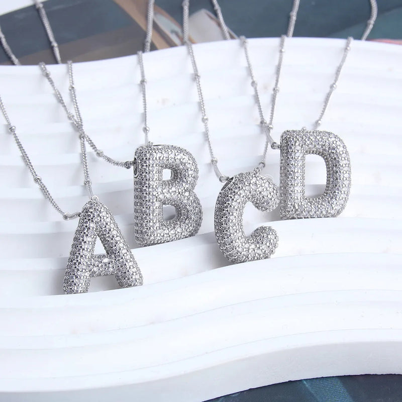 White Gold Bubble Letter Initial Necklace Set