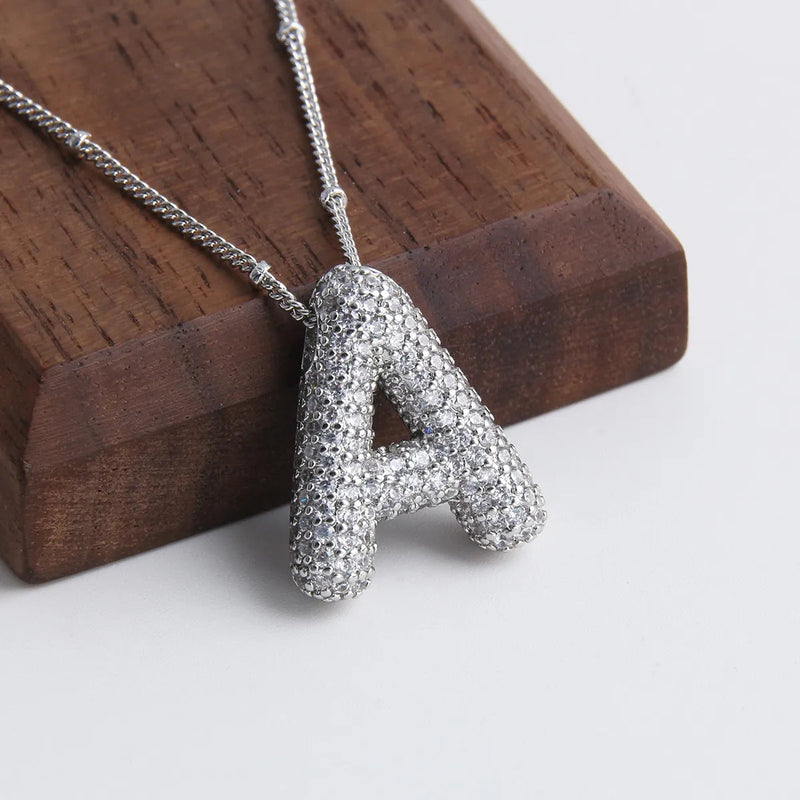 White Gold Bubble Letter Initial Necklace Set