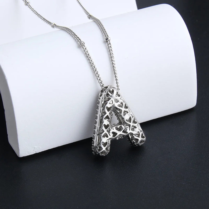 White Gold Bubble Letter Initial Necklace Set