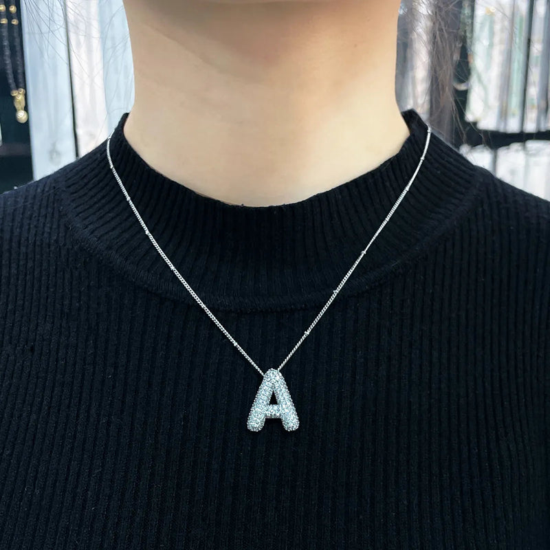 White Gold Bubble Letter Initial Necklace Set
