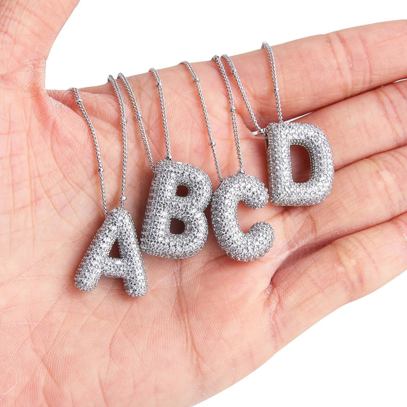 White Gold Bubble Letter Initial Necklace Set