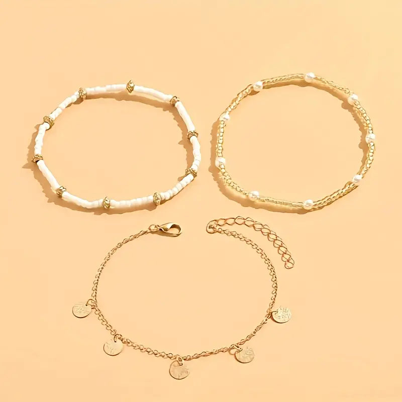Gold Coastal Charm 3-Piece Layered Anklet Set