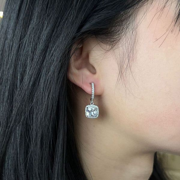 Annabelle - White Gold Square Halo Moissanite Drop Earrings